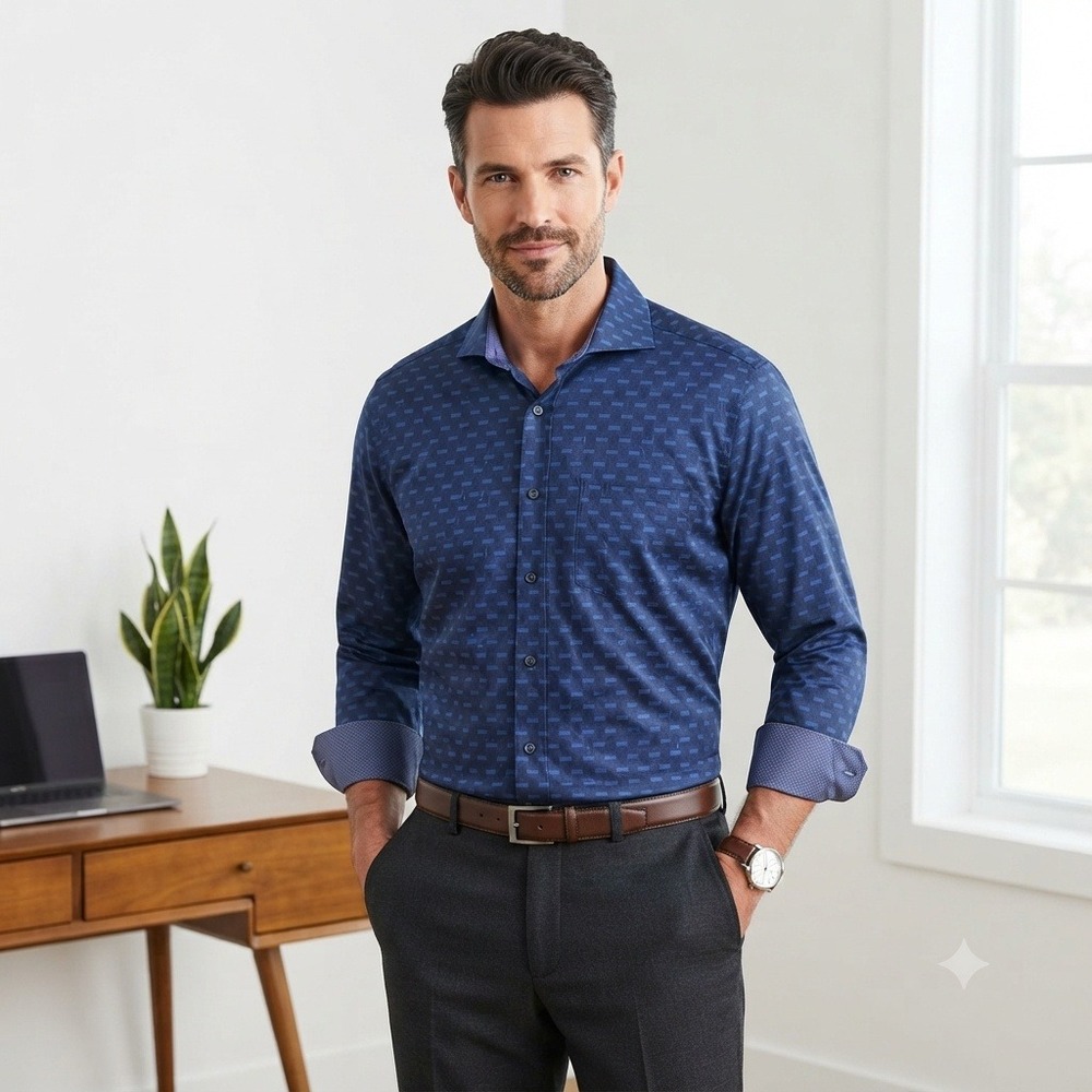 Bugatchi Uomo Mens‎ Classic Fit Navy Blue Geometric Cotton Button Down Shirt L